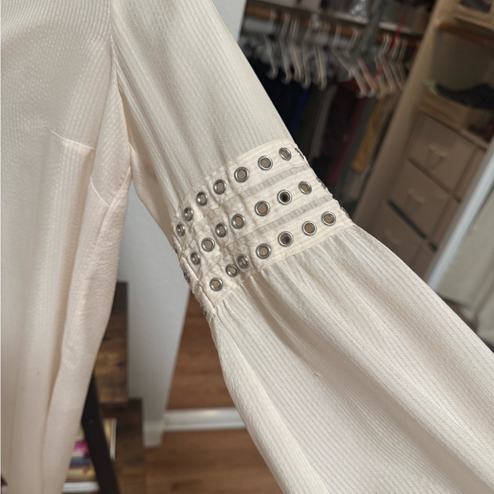 Veronica Beard Silk Blouse Cream Studded Trim Long Sleeve Boho Top - Picture 5 of 11